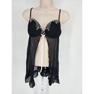 Vintage Y2K Inner Secrets Womens Sz M Open Front Babydoll Nightie Black Mesh